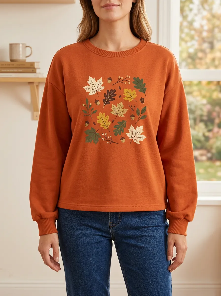 Layered Layer Maple-Leaf Printed Acorn Graphic Sweatshirt