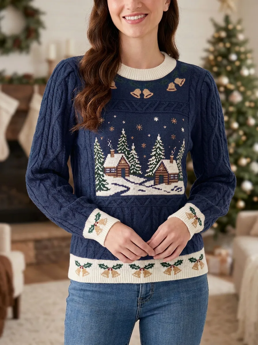 Christmas Winter Cabin Bell Pattern Print Sweater