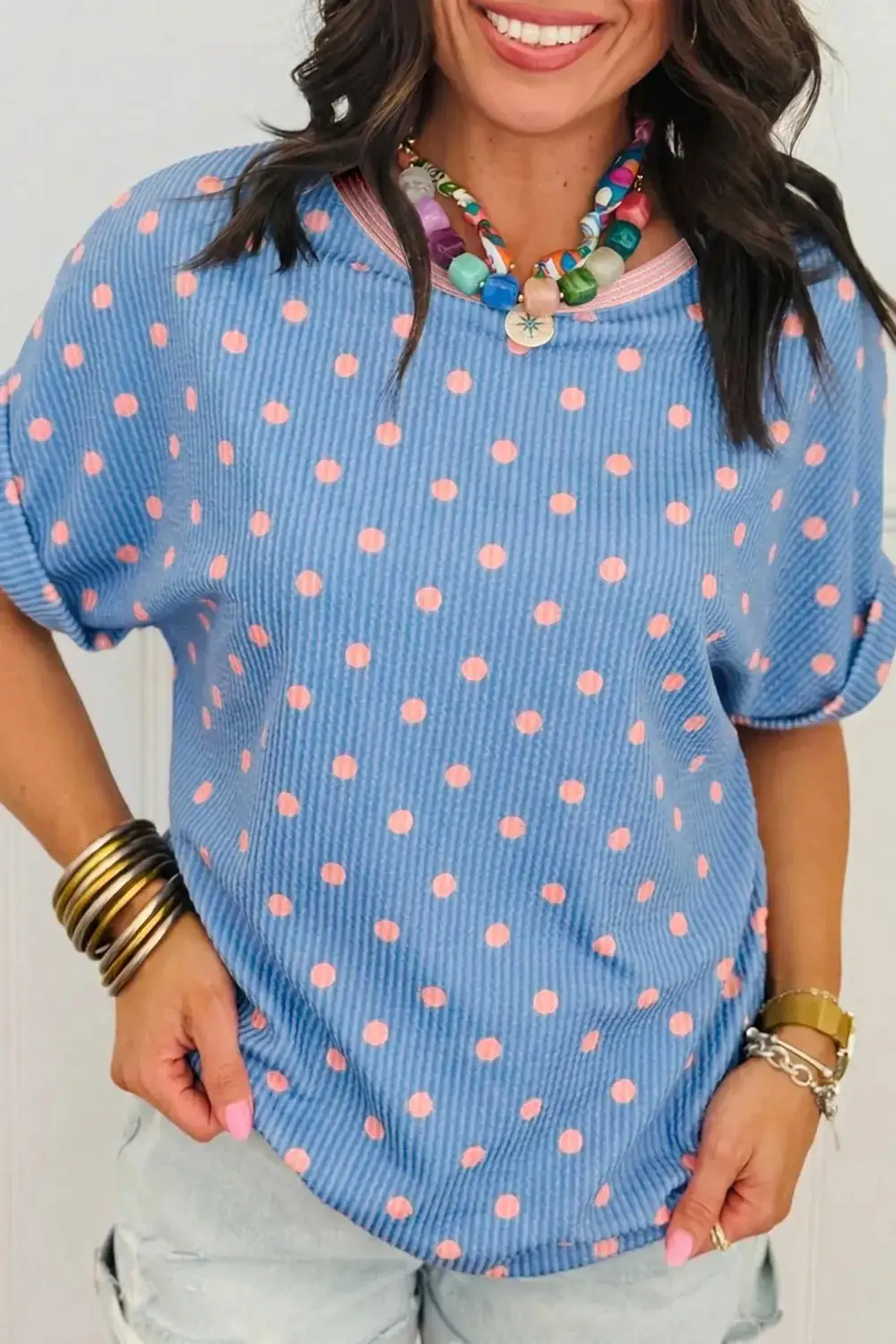 Casual Polka Dot Print Ribbed Knit T
