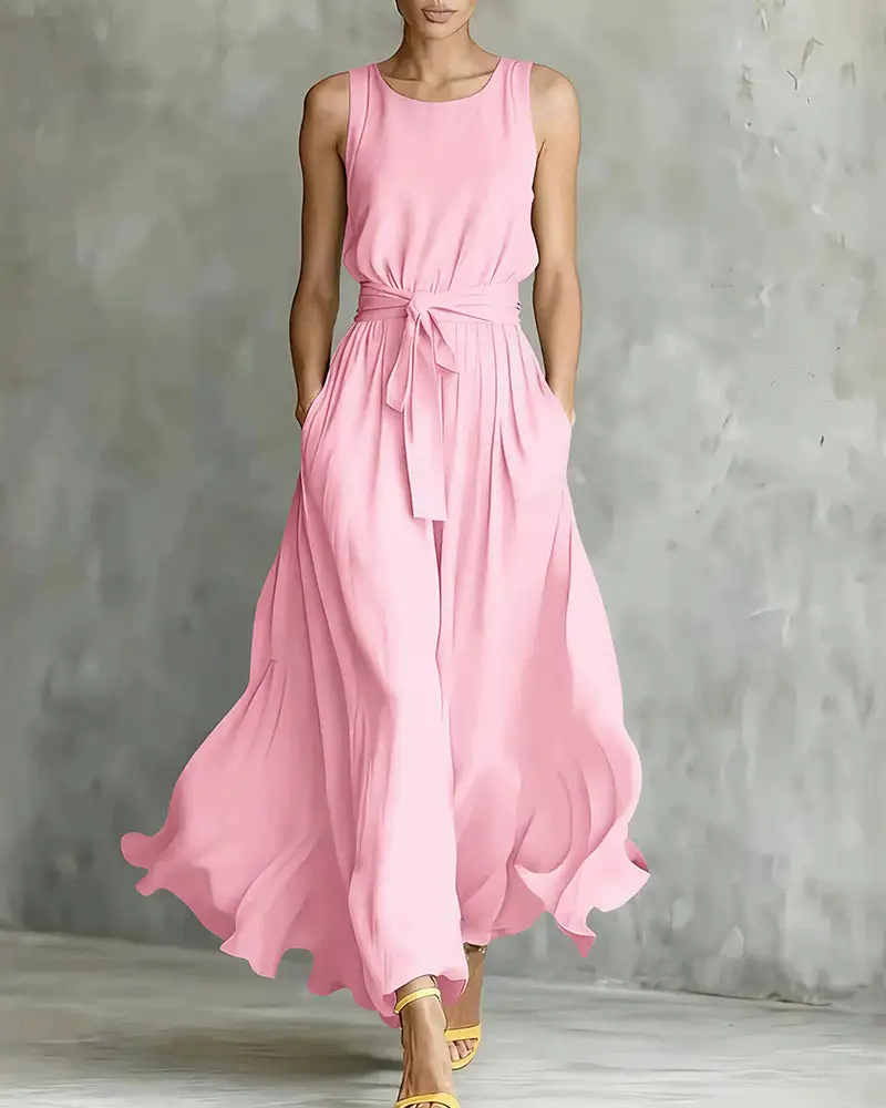 Sleeveless Tie-Waist Flowy Maxi Dress
