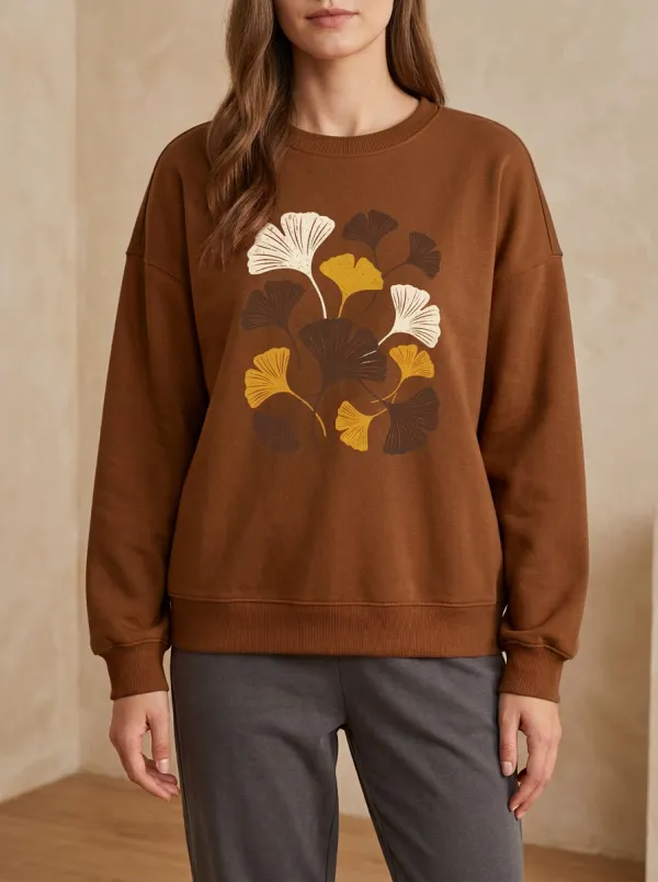 Ginkgo-Leaf Printed Leaf-Motif Graphic Sweatshirt