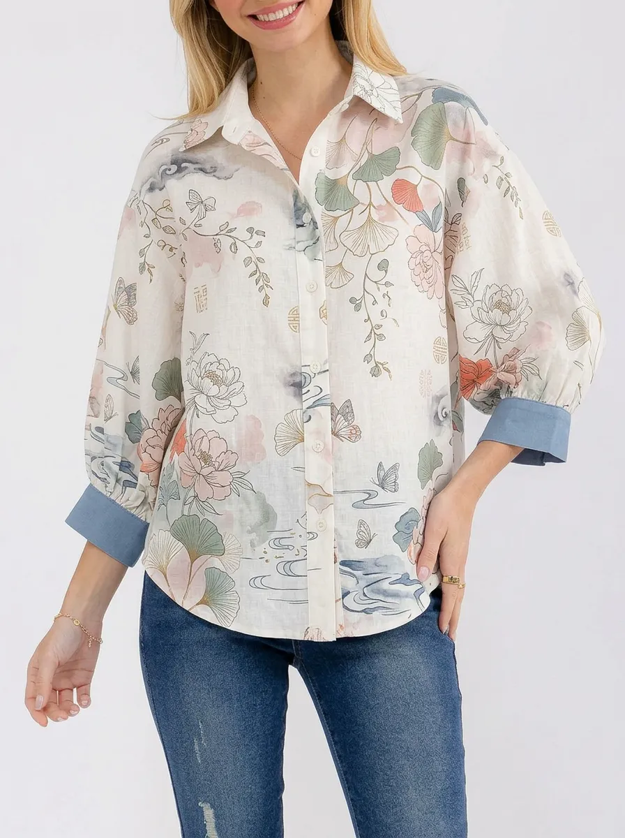 Women's Floral Botanical Butterfly Printed Button-up Shirt