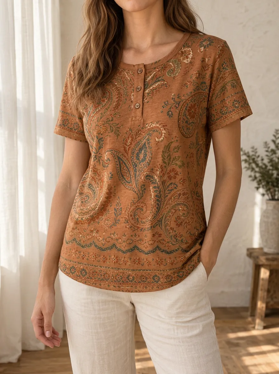 Women's Graphic Boho Paisley Floral Henley T-Shirt