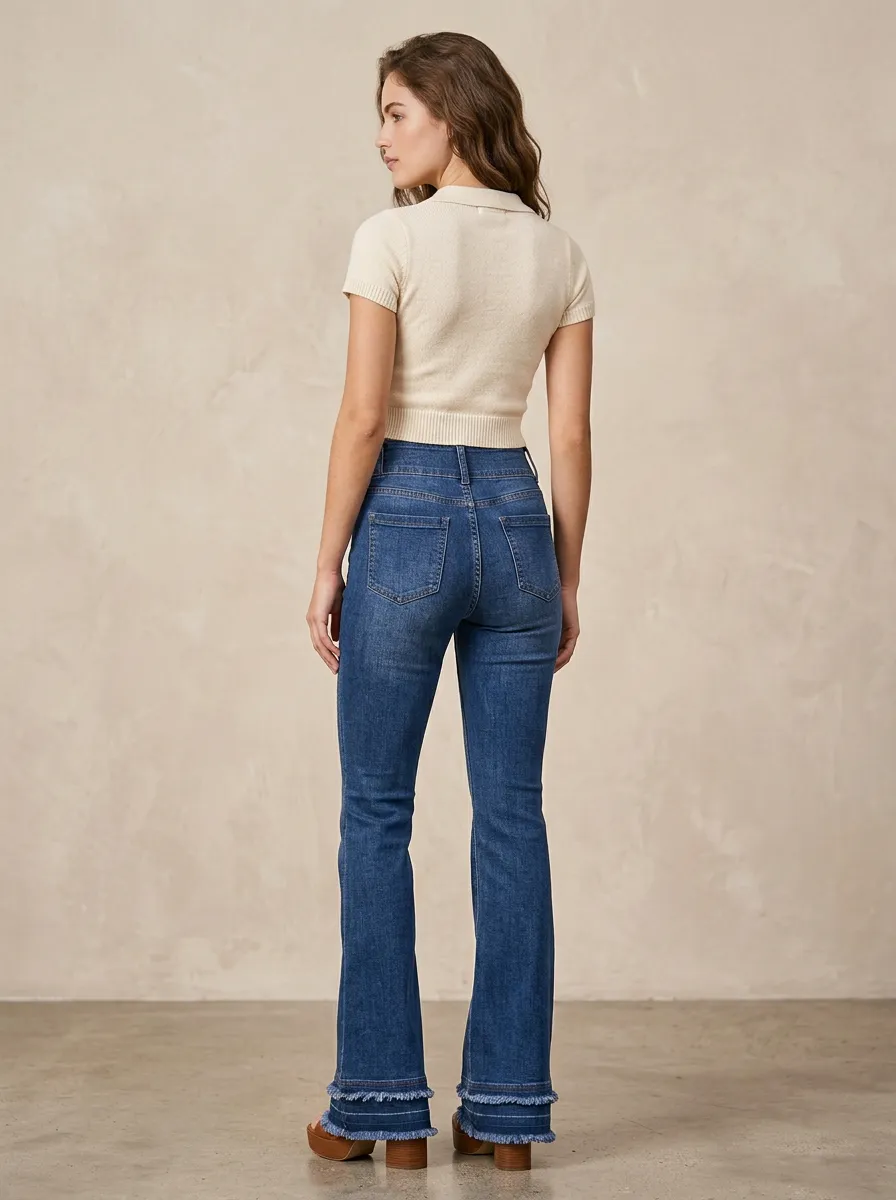 Women's Vintage Style High Waisted Frayed Hem Flared Denim Jeans