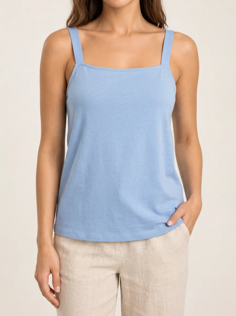 Women's Relaxed Square Neck Wide Strap Button Front Straight Hem Camisole Top