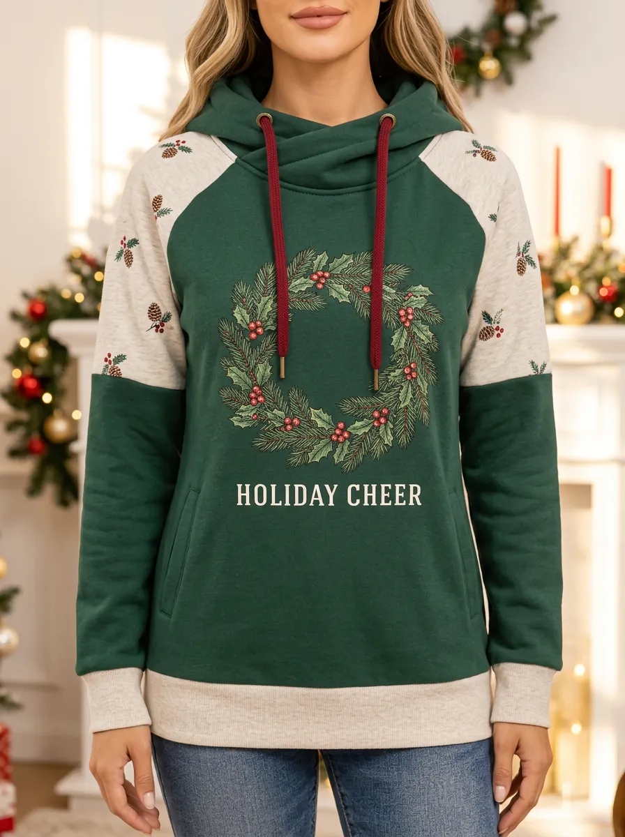 Pinecone Wreath and Holiday Cheer Graphic Hoodie