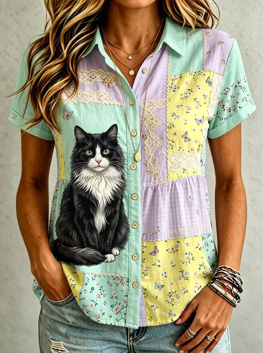 Women's Cat Lover Black Cat Floral Patchwork Printed Shirt