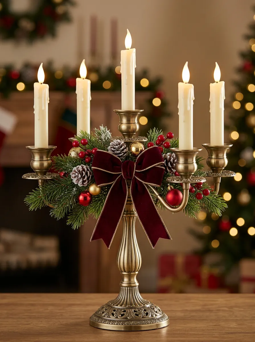 Velvet Bow Pinecone Printed Candelabra