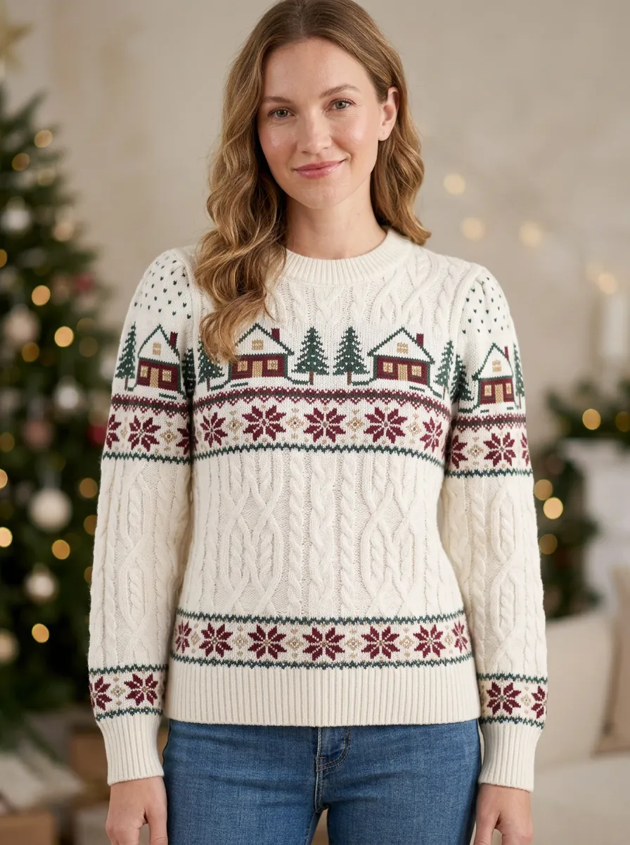 Christmas Holiday Cabin & Snowflake Pattern Knitted Sweater