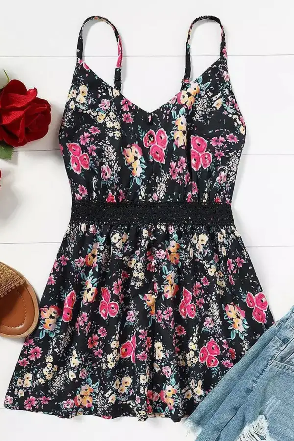 Lounge Lace Contrast Floral Peplum Tank Top