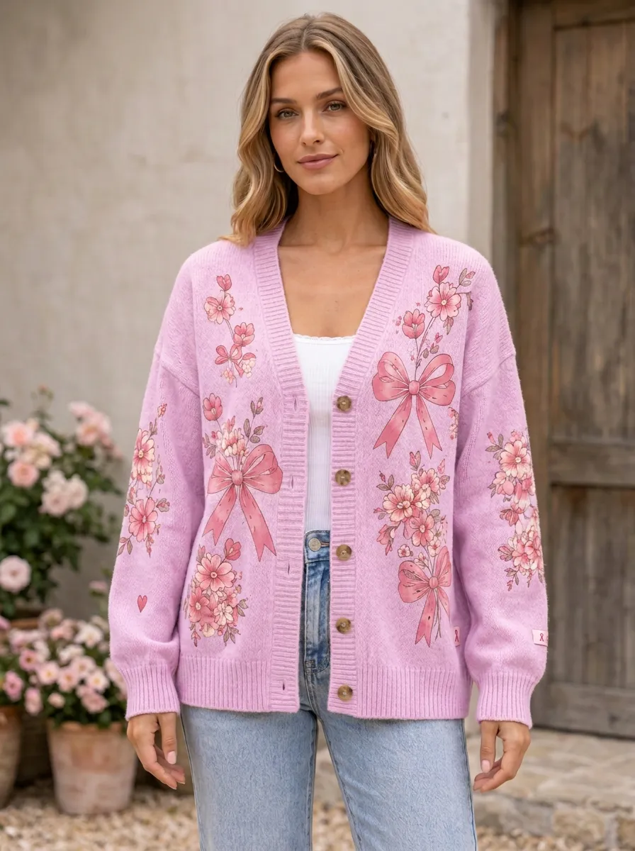Women's Garden Inspired Floral Ribbon Bow Pattern Printed Cardigan