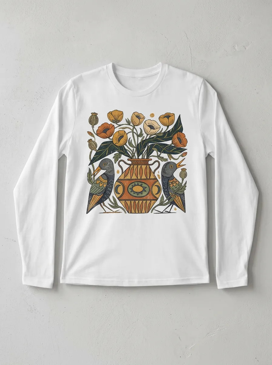 Unisex Folk Art Birds And Floral Vase Long Sleeve Shirt