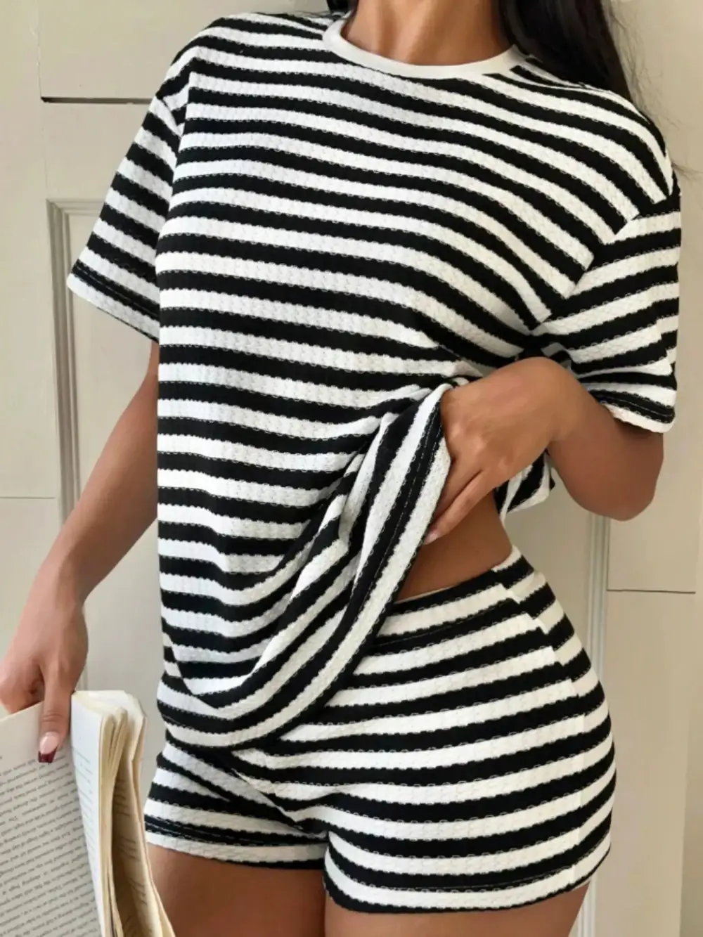 Relaxed Striped Round Neck Top Shorts Set