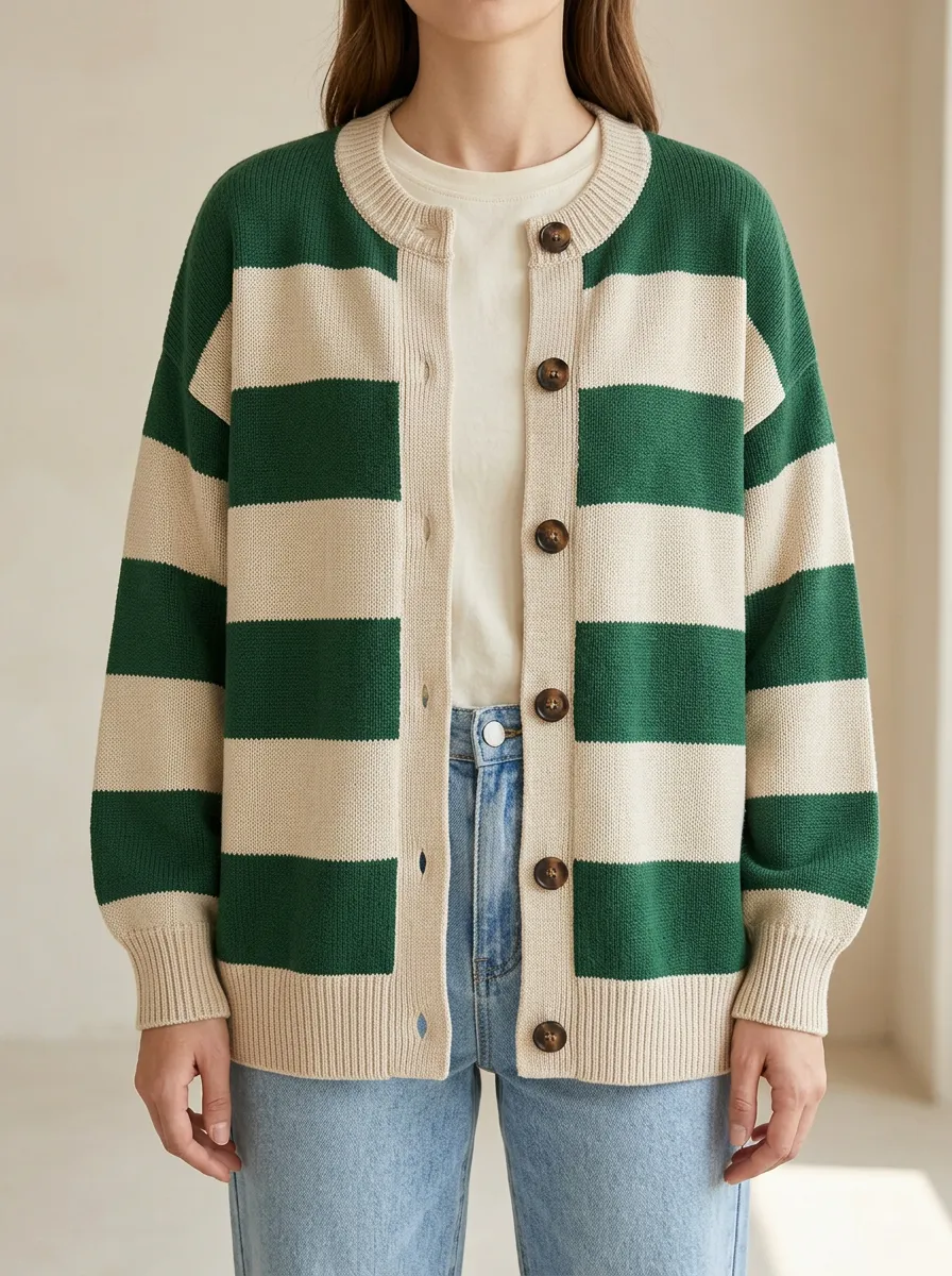 Relaxed Textured Rugby Striped Knit Cardigan