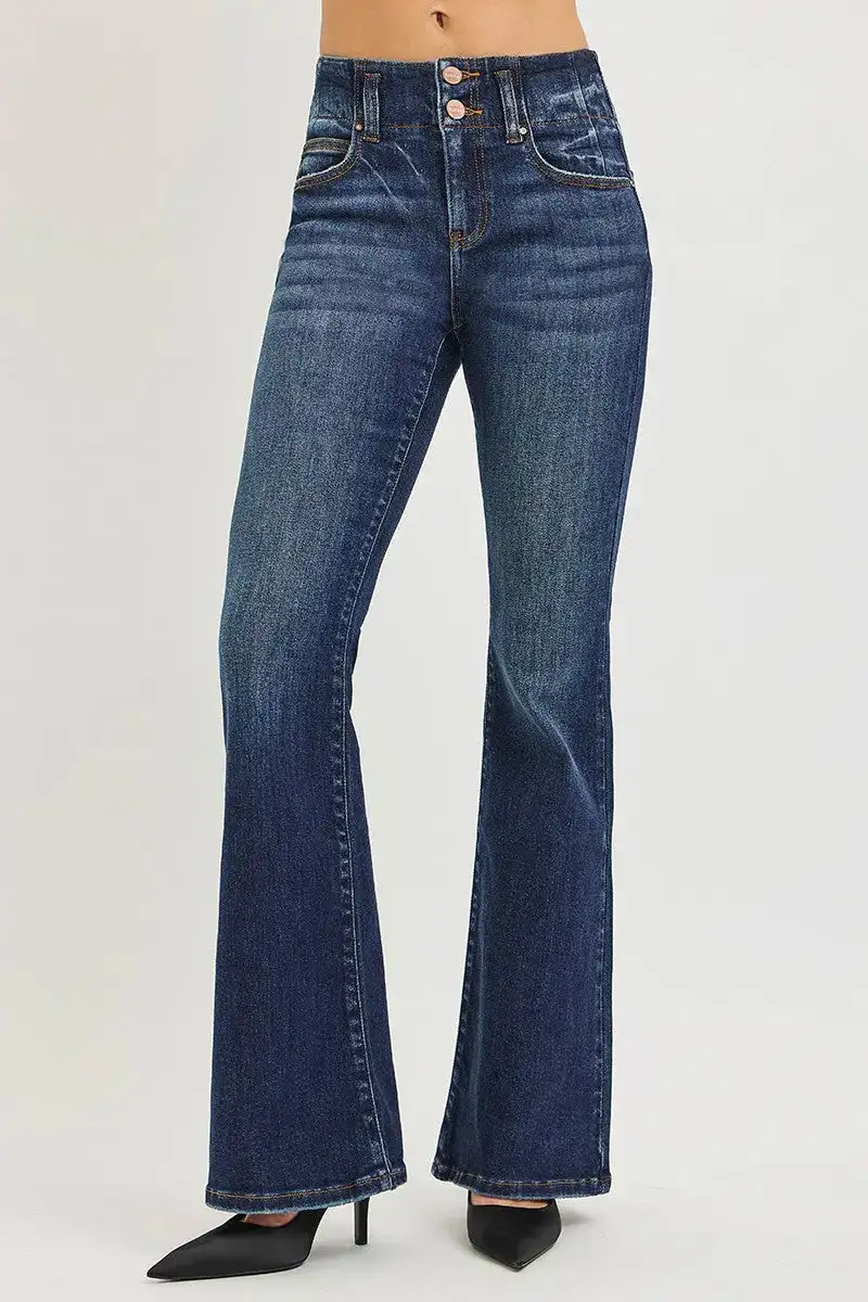 High Rise Flare Retro Style Pocketed Denim Jeans