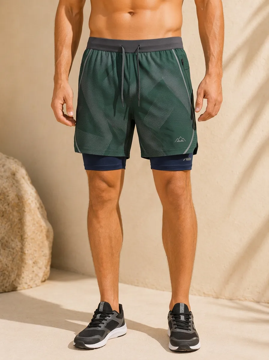 Men's Fitness Outdoor Mountain Printed 2-in-1 Running Shorts
