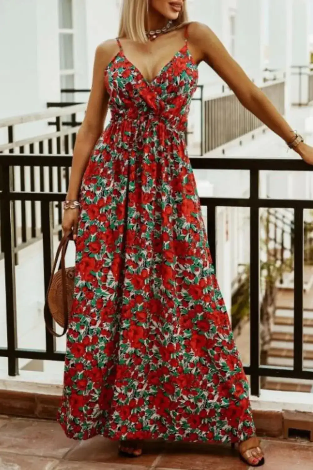 Classic Smocked Spaghetti-Strap Printed Maxi Dress