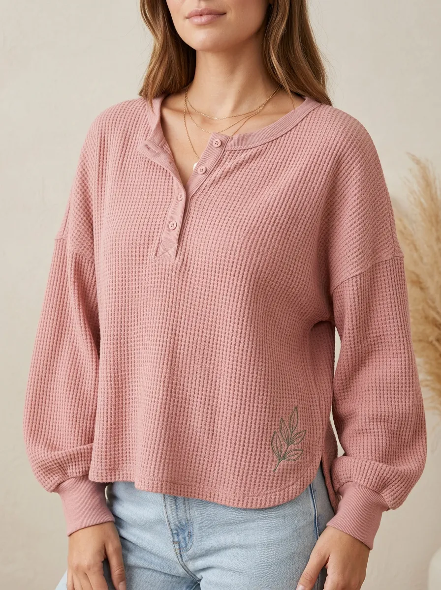 Women's Pink Waffle Knit Leaf Printed Henley Top