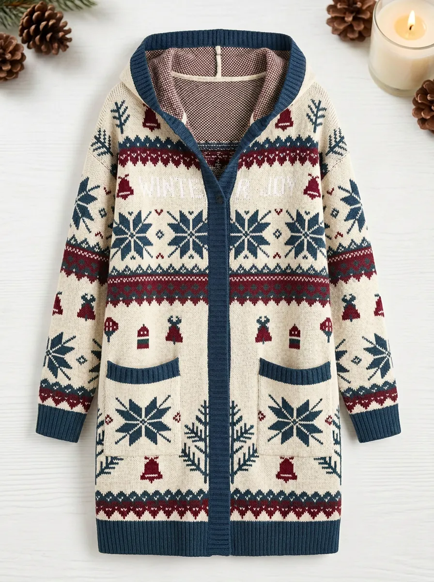 Christmas Winter Joy Snowflake Bell Pattern Knit Hooded Cardigan