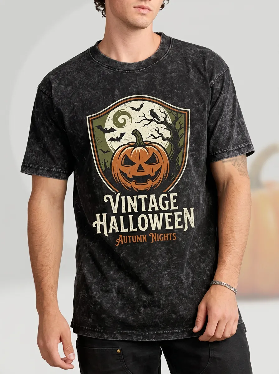 Men's Vintage Halloween Pumpkin Moon Printed T-shirt