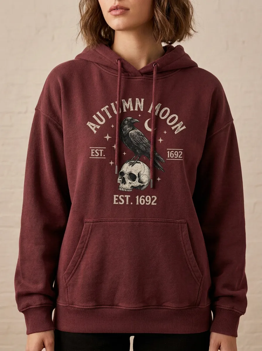 Women's Halloween Autumn Moon Raven Skull Printed Hoodie