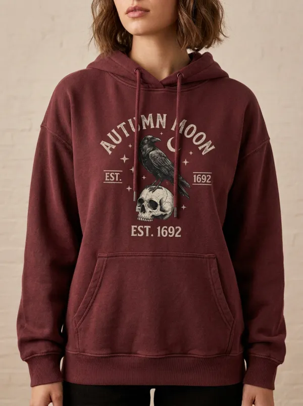 Women's Halloween Autumn Moon Raven Skull Printed Hoodie