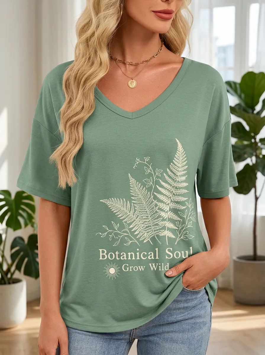 Women's Botanical Soul Fern Leaf Printed V-Neck T-Shirt
