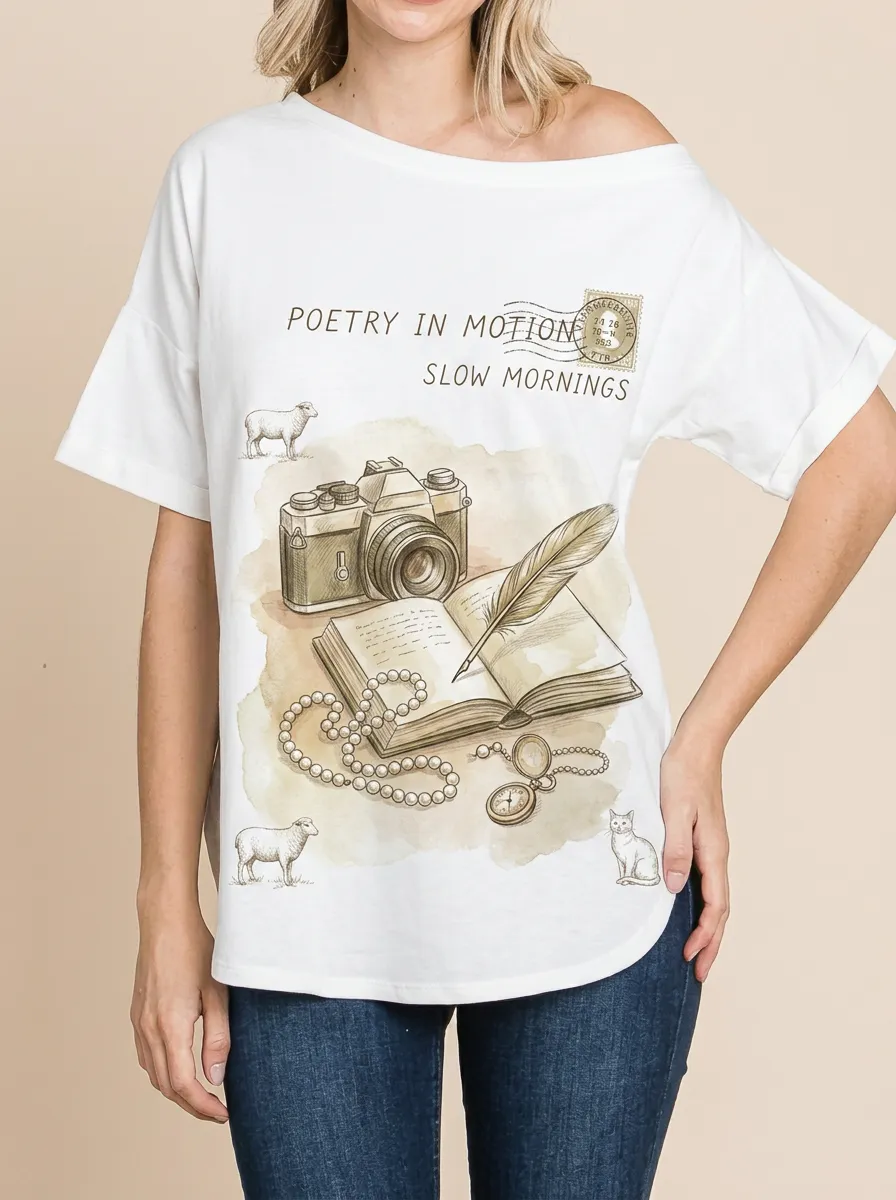 Women's Vintage Aesthetic Camera Book Sheep Printed T-shirt