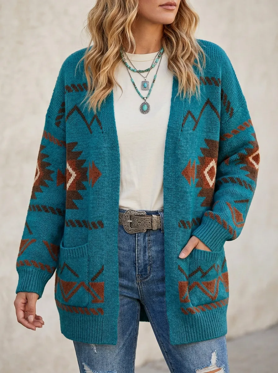 Women's Western Beige Southwestern Pattern Open-Front Cardigan