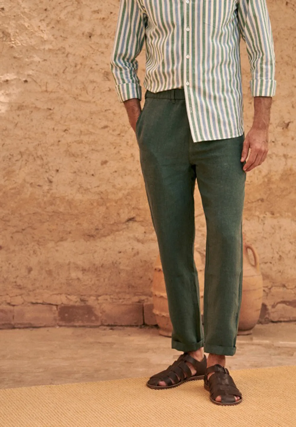 Dark Green Lightweight Linen Blend Straight Trousers