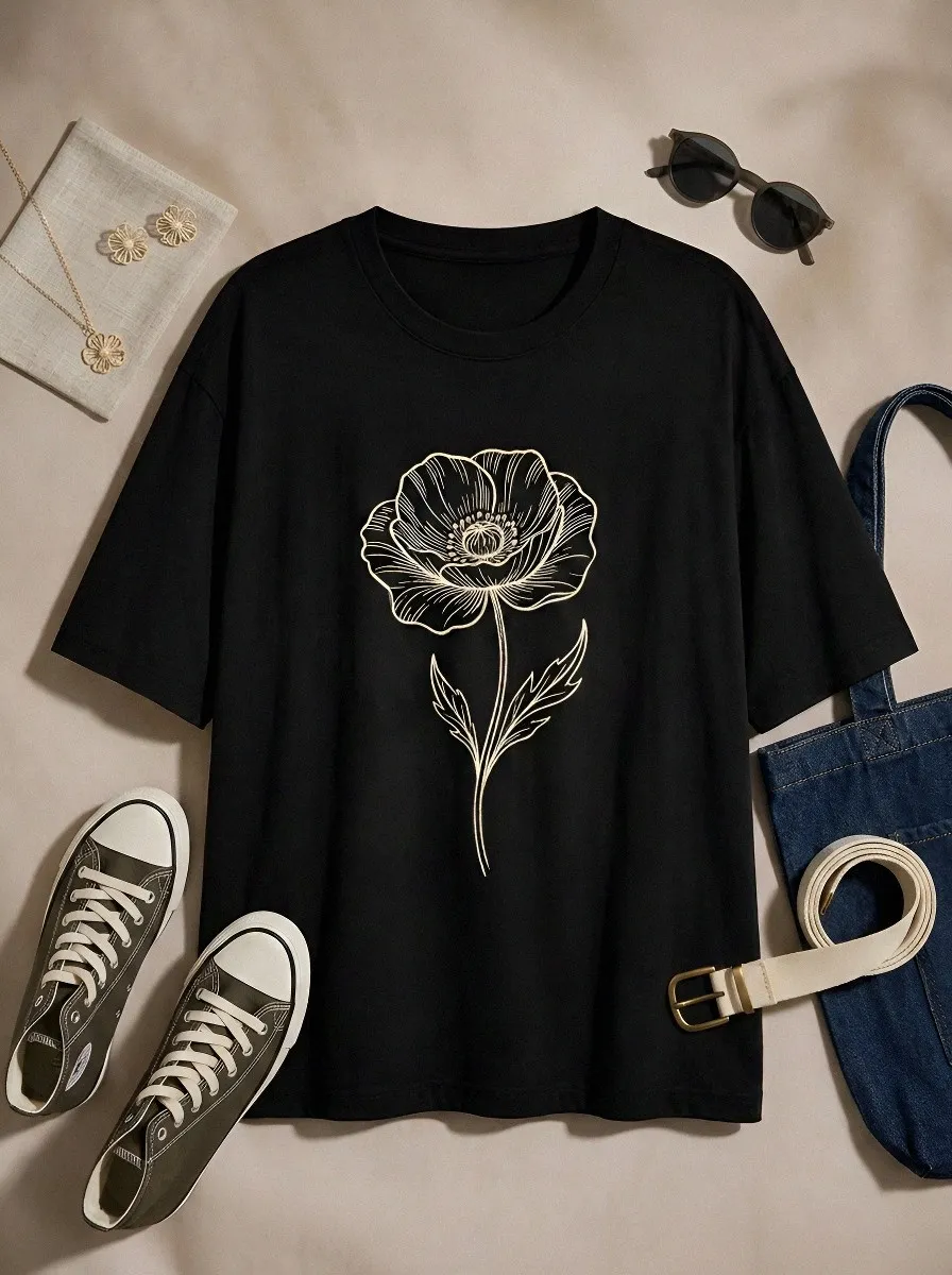 Unisex Botanical Flower Minimalist Line Art Printed T-shirt