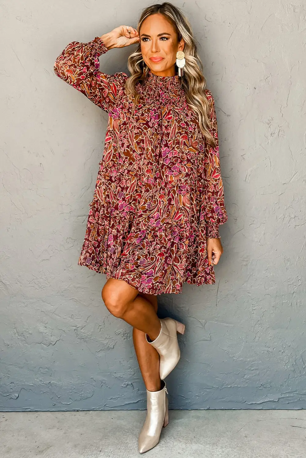 Floral Printed High Neck Mini Dress