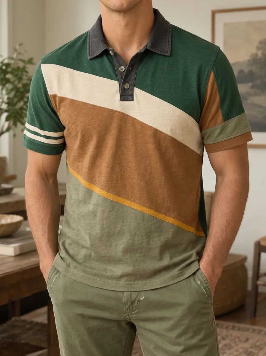Men's Casual Style Colorblock Geometric Pattern Printed Polo Shirt