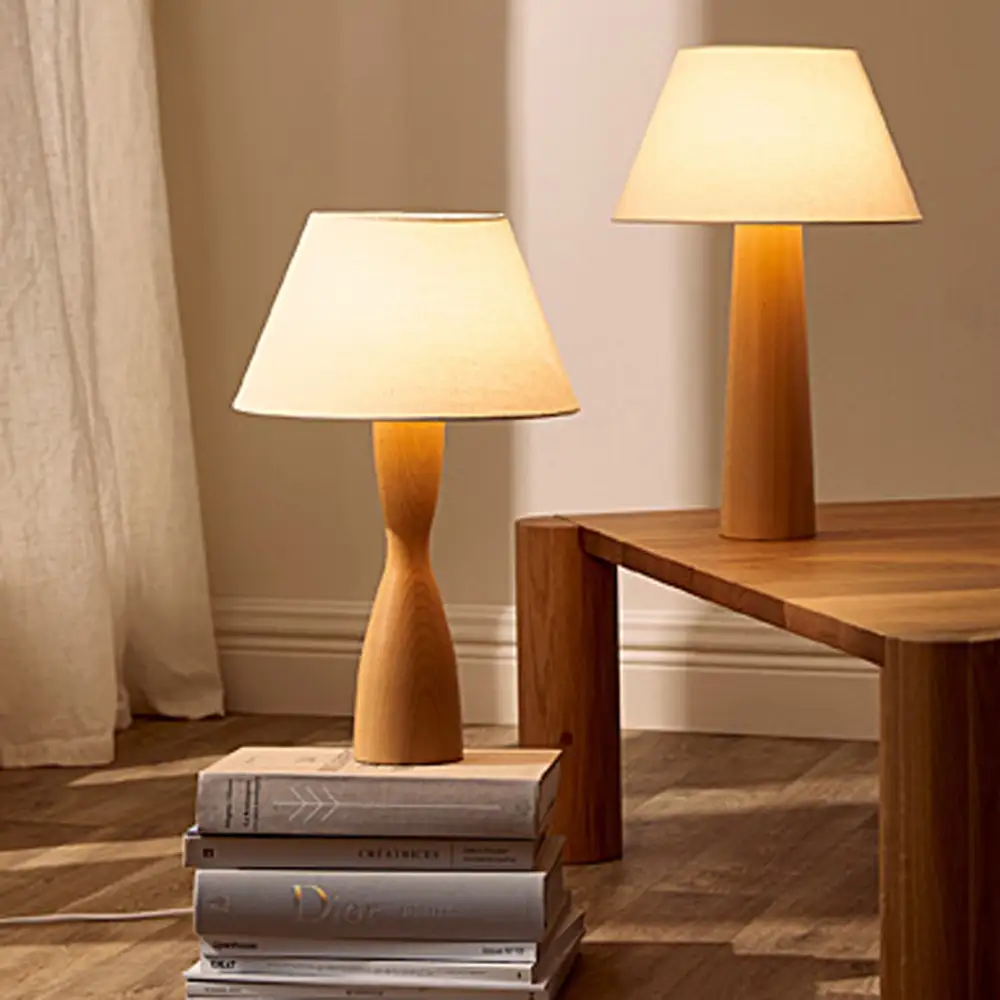 Beech Wooden Table Lamp Pair