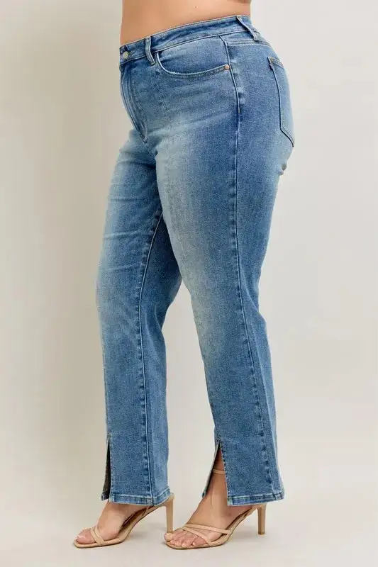 Full Size High Waist Vintage Wash Front Seam & Slit Straight Plus Size