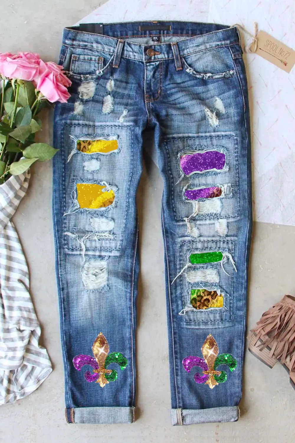 Shiny Fleur De Lis Patch Distressed Jeans
