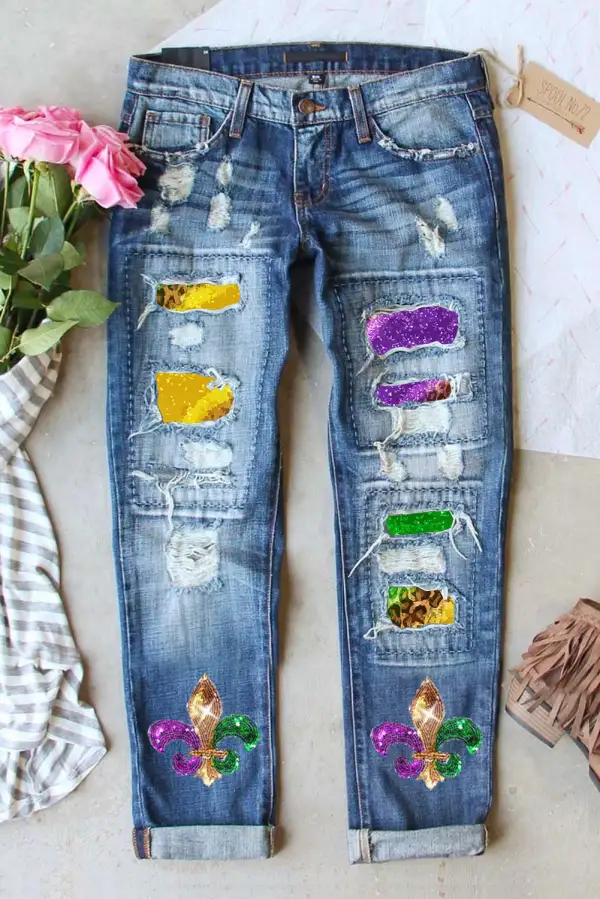 Shiny Fleur De Lis Patch Distressed Jeans