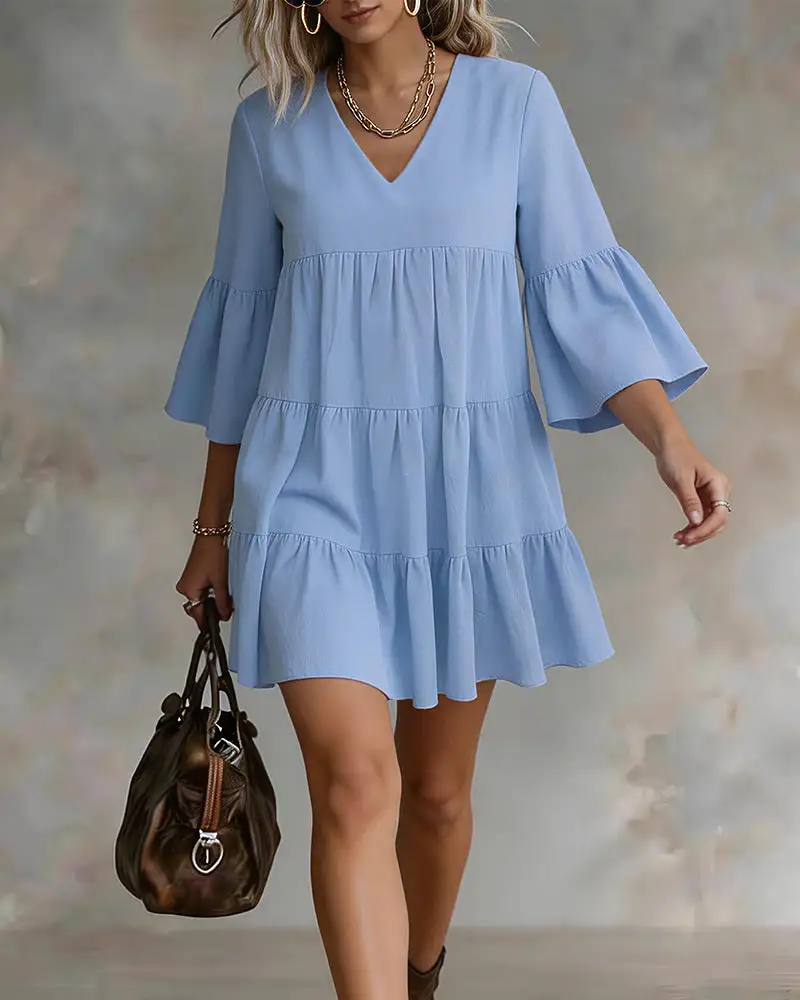 V-Neck Bell Sleeve Ruffle Tiered Mini Dress