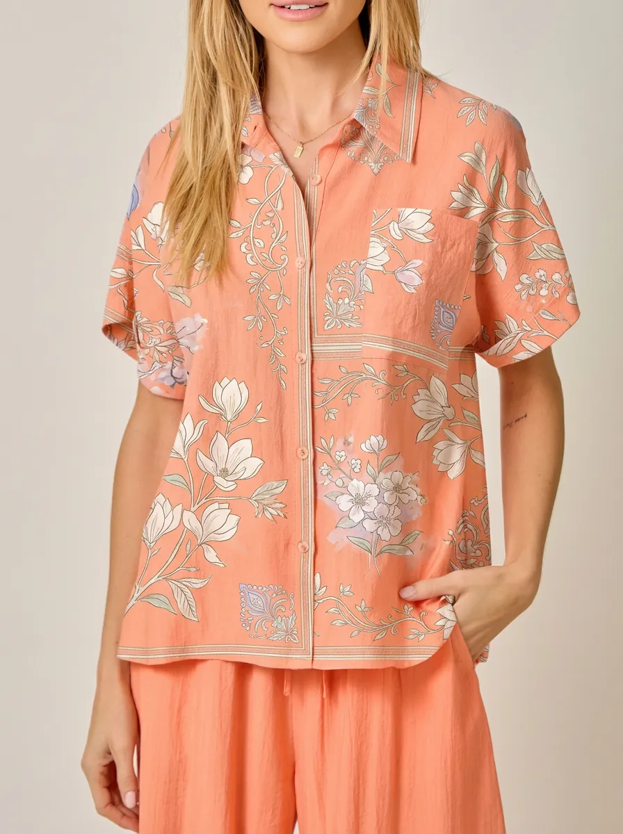 Women's Peach Floral Botanical Printed Button Down Shirt