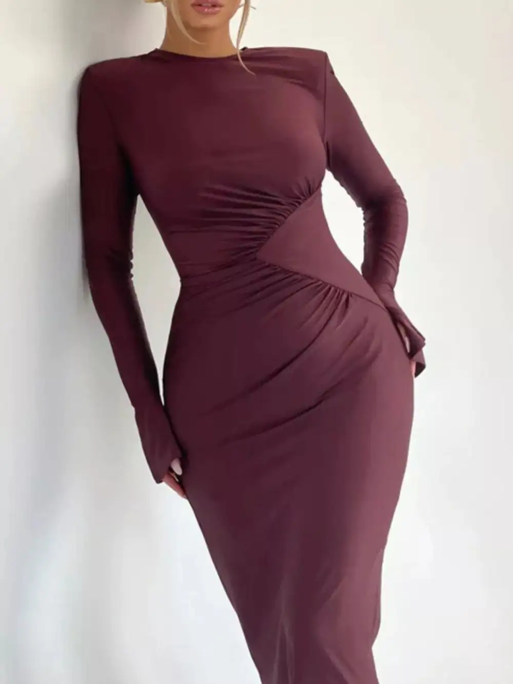 Relaxed Ruched Long Sleeve Bodycon Maxi Dress