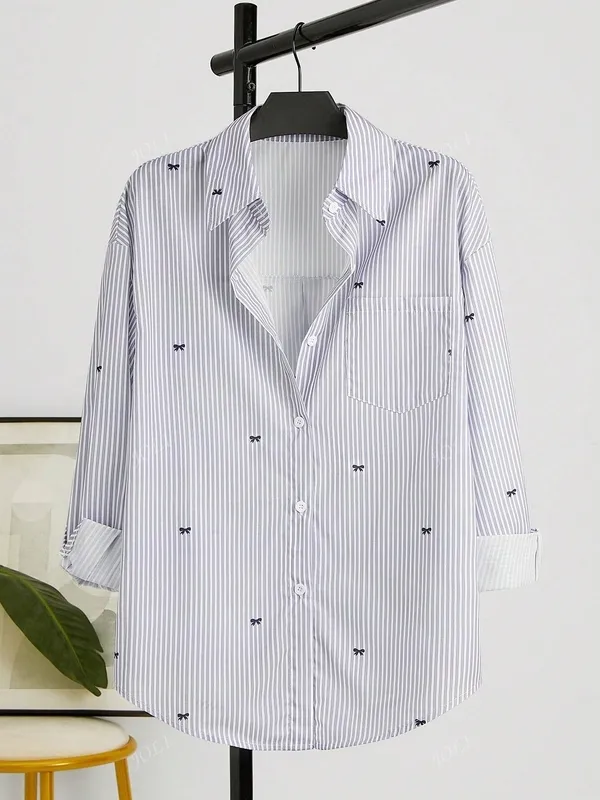 Gray Long Sleeve Button Front Striped Shirt
