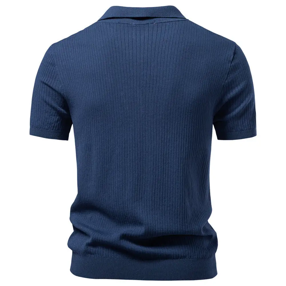 Ribbed Spread Collar Short Sleeve Polo Shirt