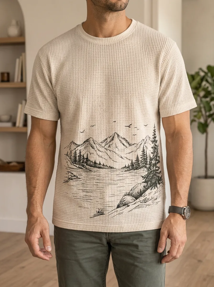 Men's Nature Lover Mountain Lake Forest Waffle Signature Crew Neck T-Shirt
