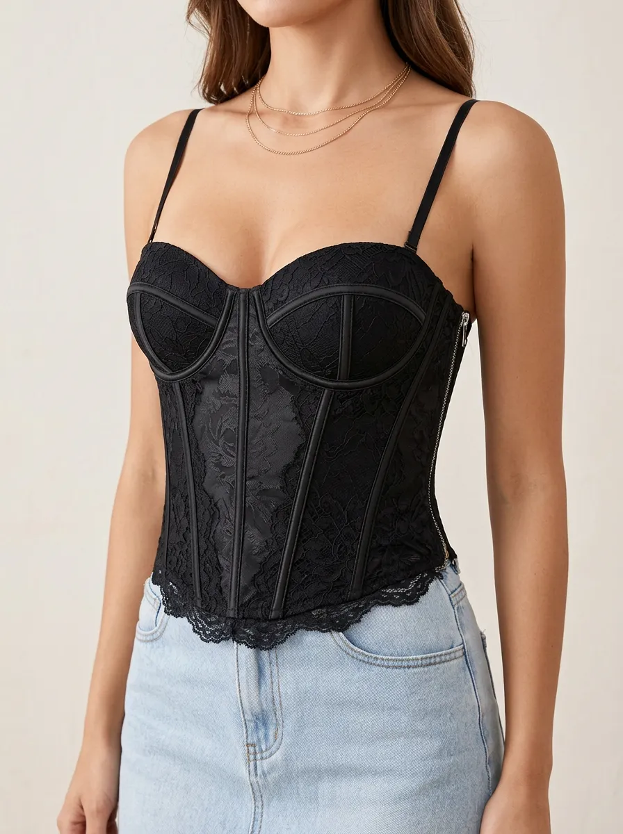 Floral-Lace Sheer-Panel Women's Corset Top