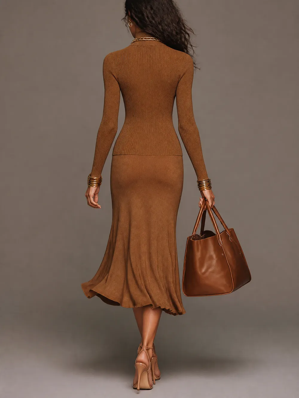 Elegant Amber Brown Turtleneck Vertical Ribbed Knit Satin Draped Knit Midi Dress