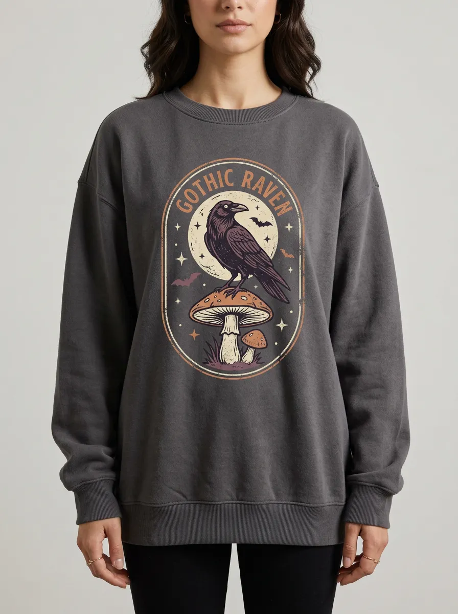 Women's Halloween Gothic Raven Mushroom Printed Sweatshirt