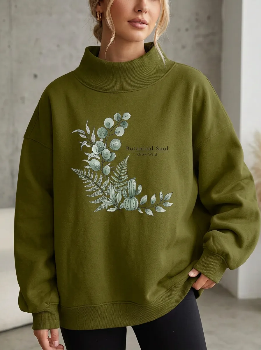 Botanical Soul Fern Cactus Mock Neck Sweatshirt