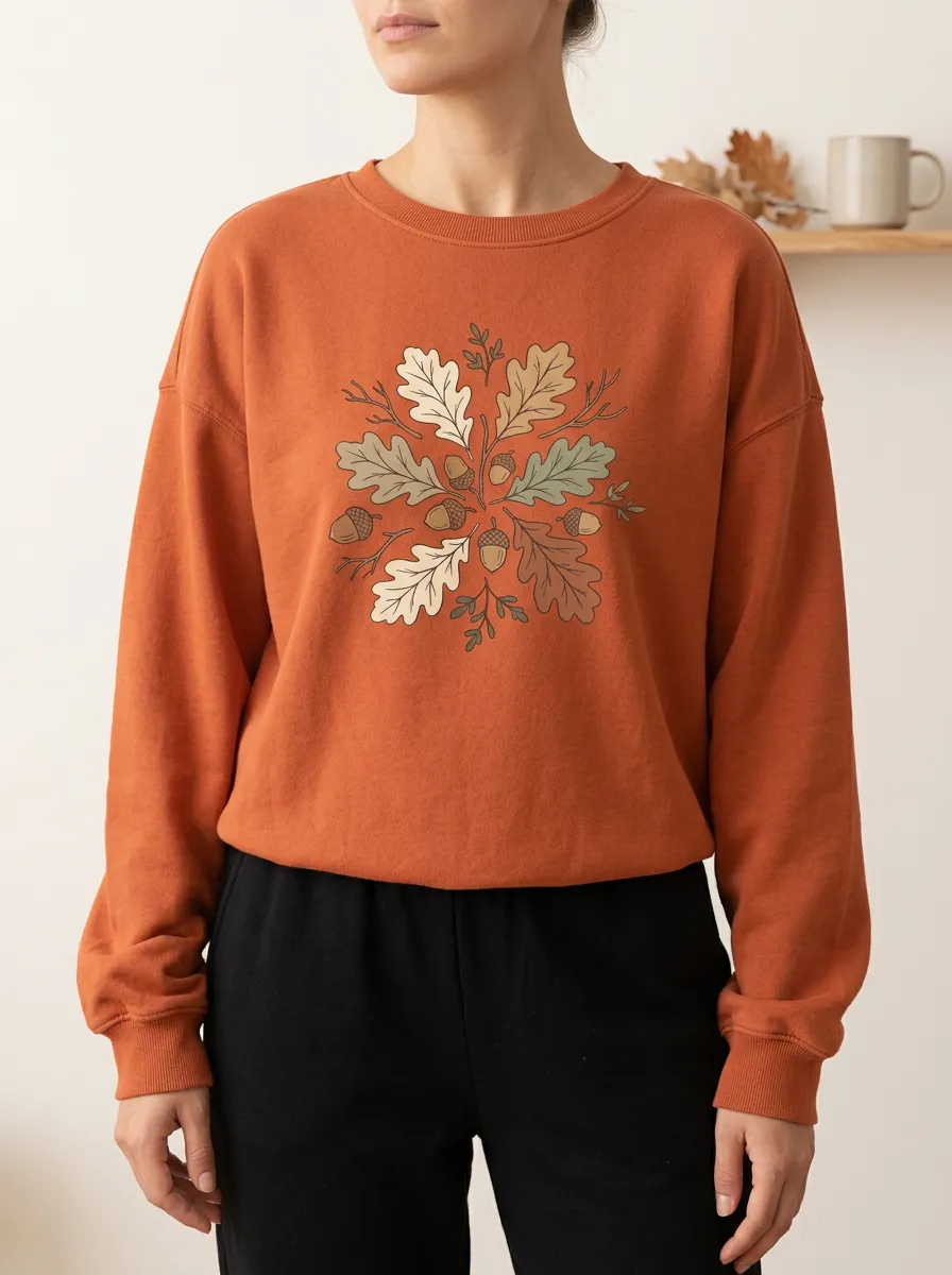 Textured Printed Acorn Leaf-Motif Graphic Sweatshirt