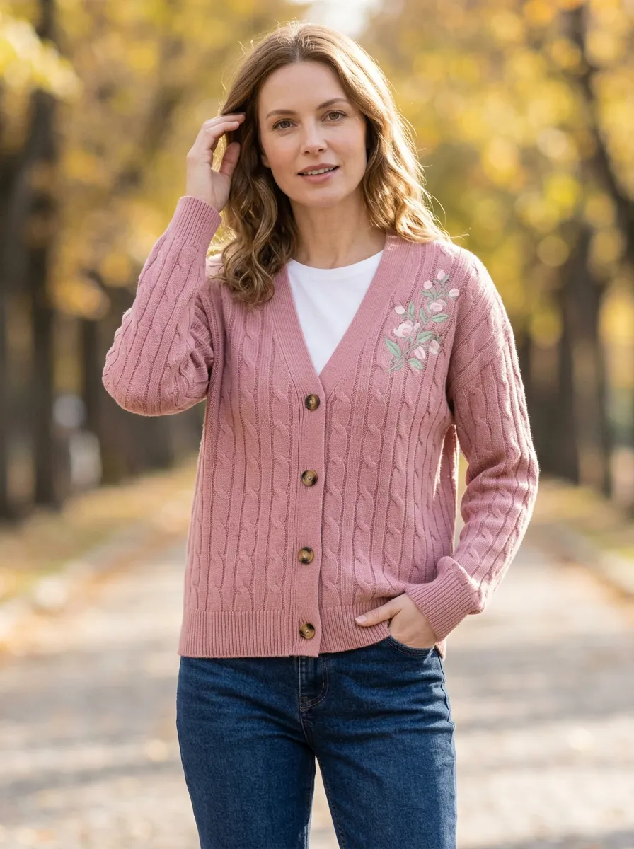Women's Dusty Rose Floral Embroidered Cable Knit Cardigan