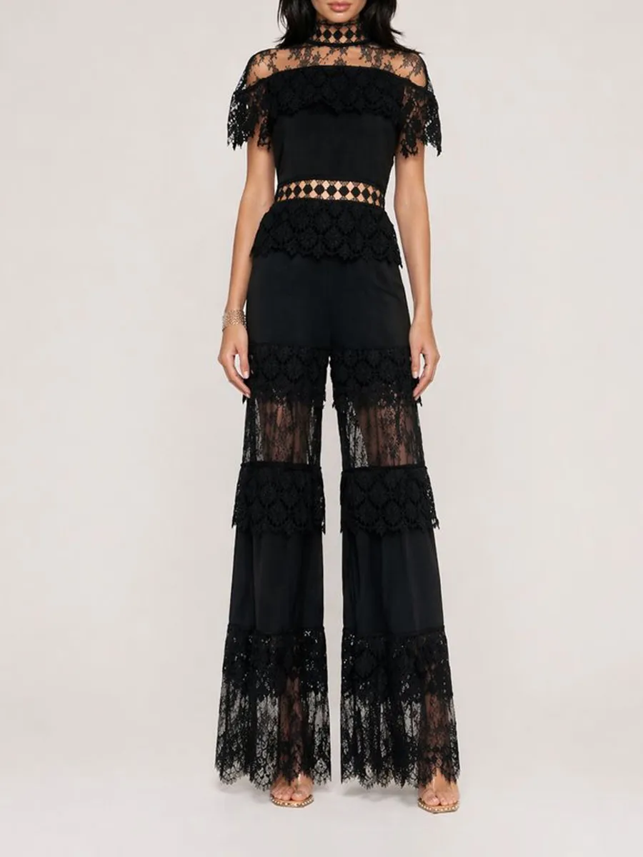 Ivana Elegant High-Neck Ruffled Short-Sleeved Lace Set